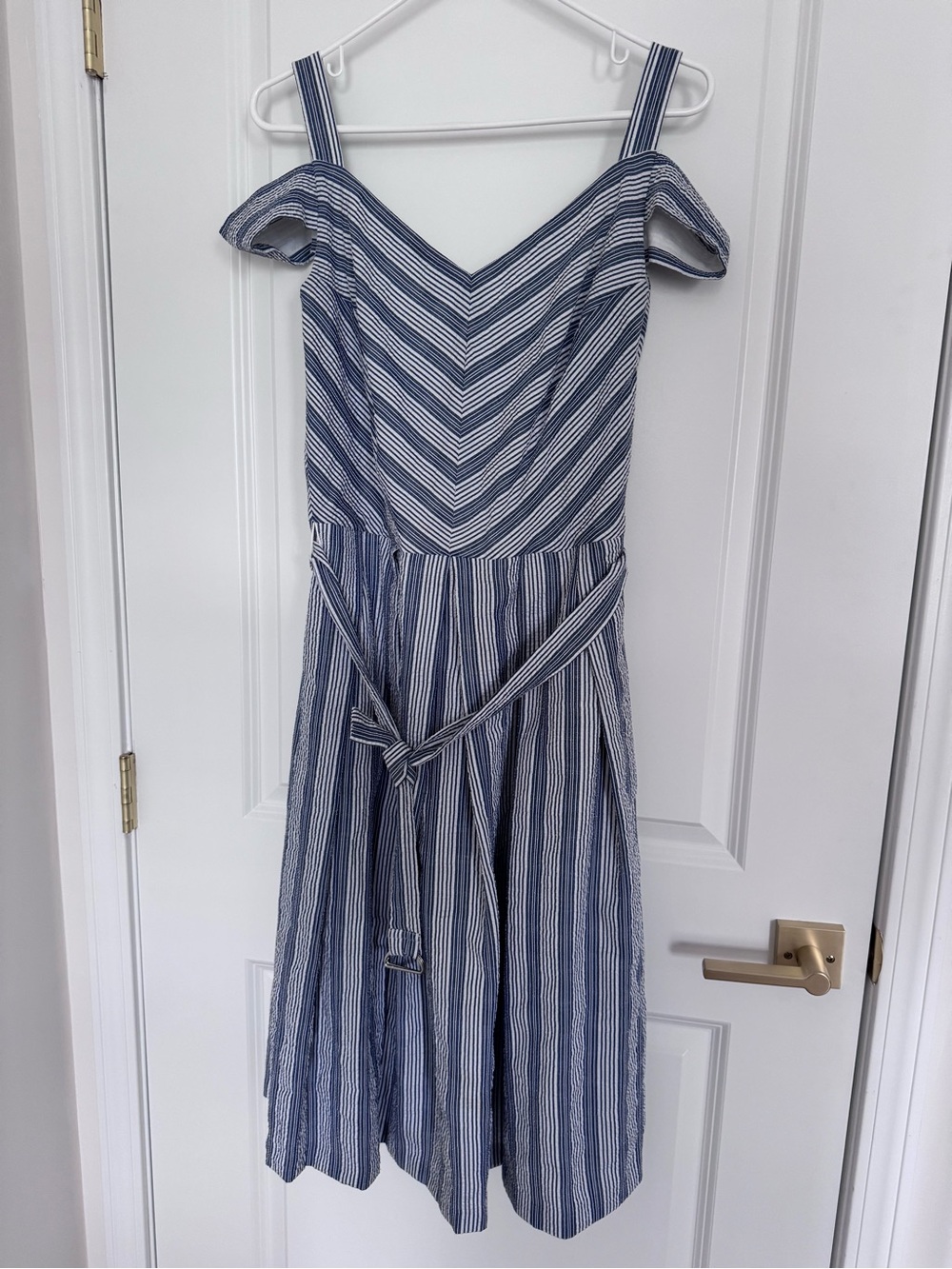 White House Black Market Blue and White Striped Off-Shoulder Midi Dress